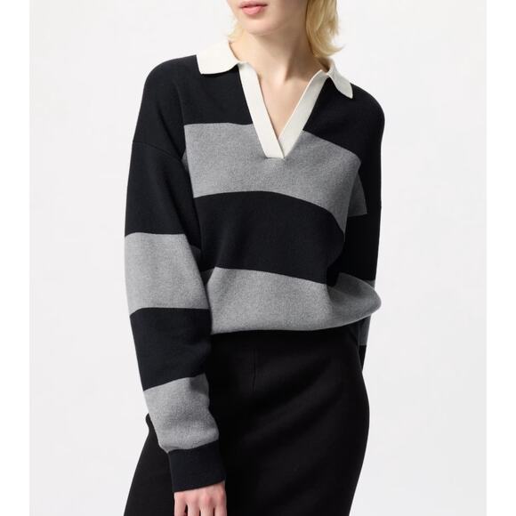 Uniqlo Smooth Cotton Relaxed Polo Sweater in Striped Black Gray - Picture 1 of 8